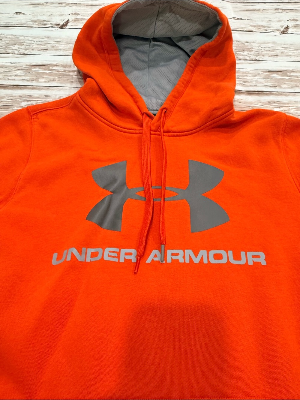 Under Armour Orange Logo Pullover Hoodie medium loose fit stain on sleeve